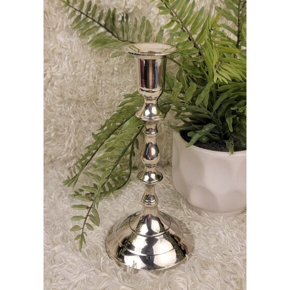 Vintage 1980's Solid Brass Silver-Toned Candlestick - Picture 2 of 14